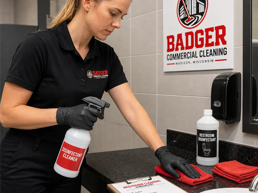 Cleaner disinfecting a commercial restroom with labeled bottles, microfiber cloths, and a checklist clipboard