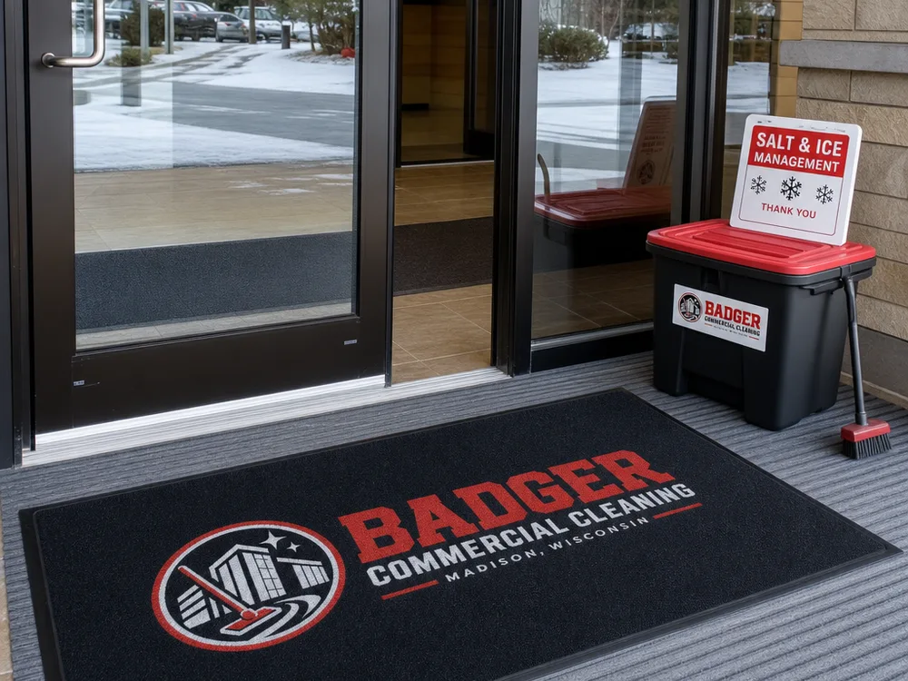 Streak-free commercial entrance doors and a vacuumed entry mat with winter salt-control setup
