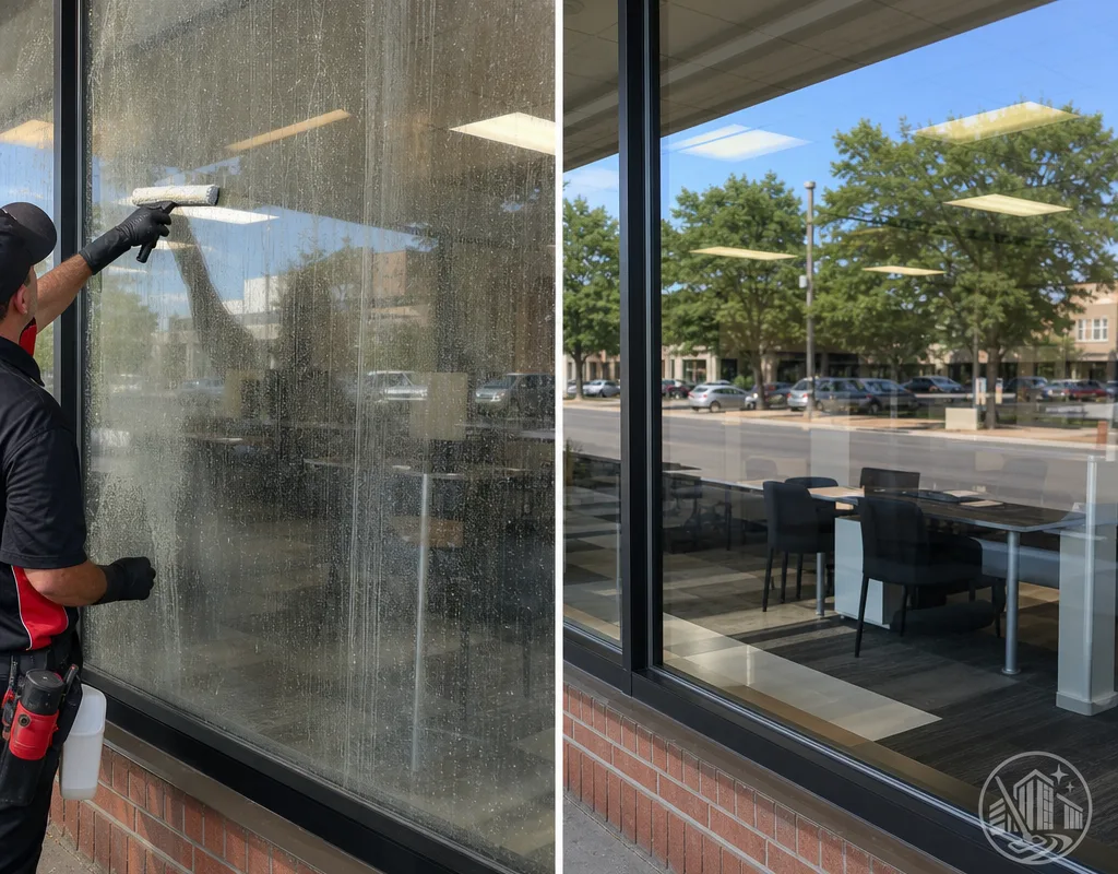 Side-by-side storefront window before cleaning with haze and spots and after cleaning with clear reflections
