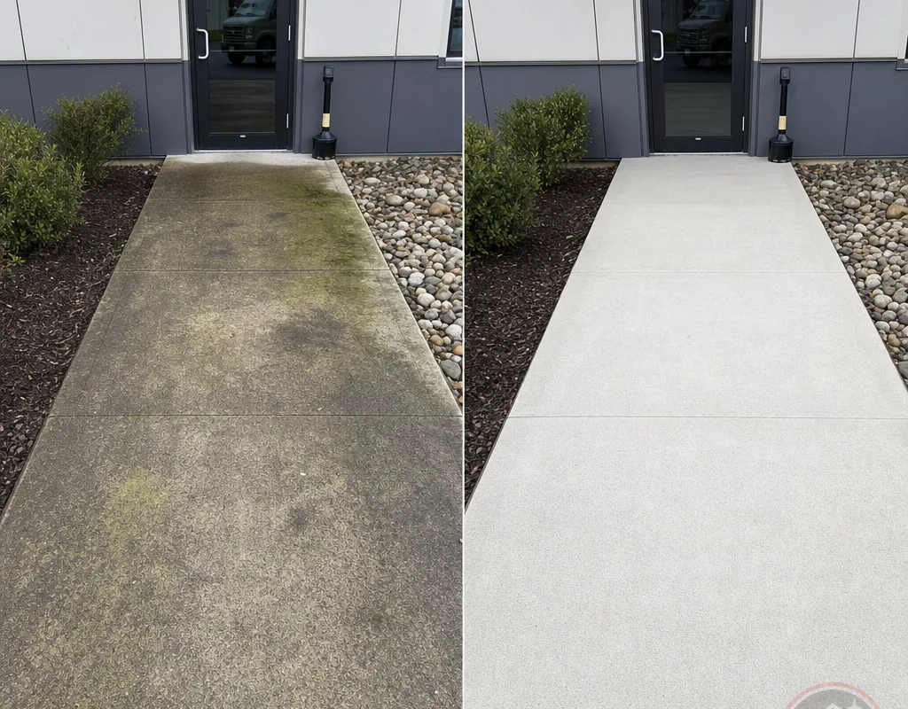 Before-and-after comparison of an algae-stained commercial concrete entry and the bright evenly cleaned result