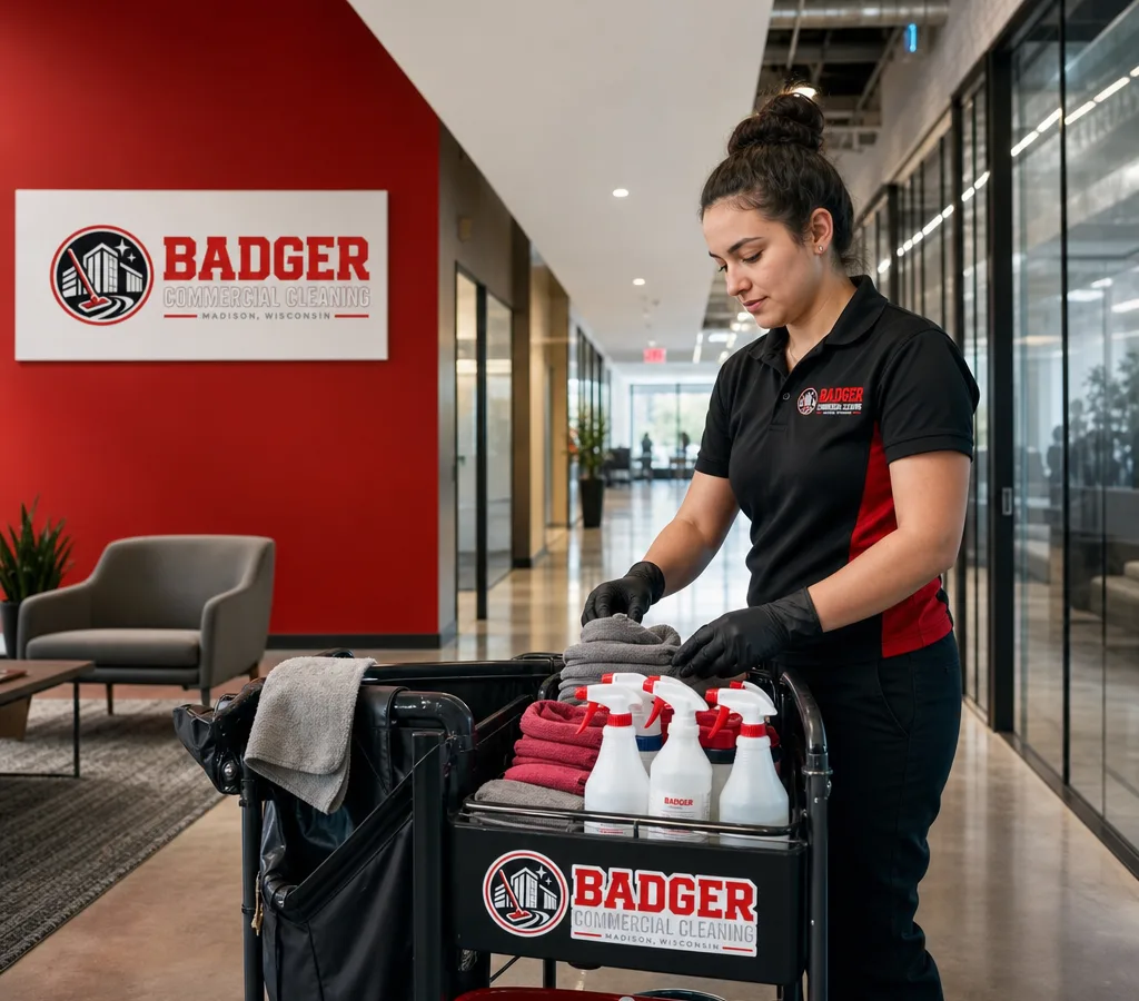 Commercial cleaning team member preparing a janitorial cart in a modern Madison office hallway with organized supplies