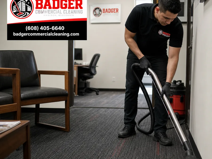 Technician rinsing a dumpster pad with controlled spray while keeping overspray away from doors and walls